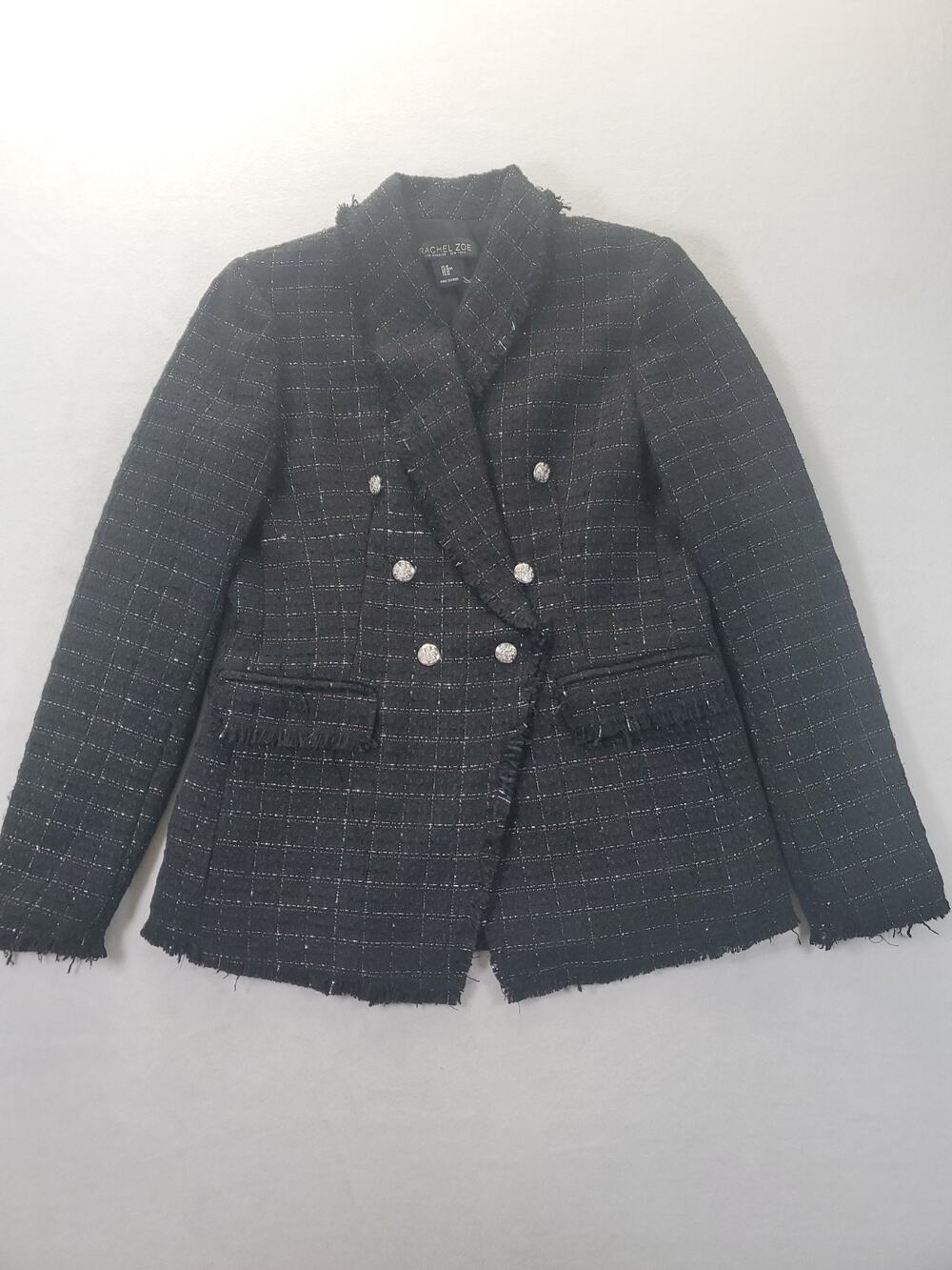 Rachel Zoe Black Tweed Metallic Fringed Double Breasted Blazer Jacket Sz Medium